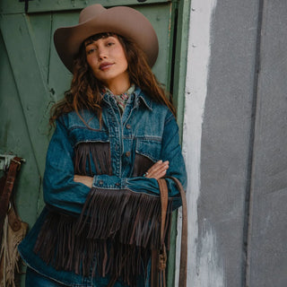 Denim Fringe Belted Jacket